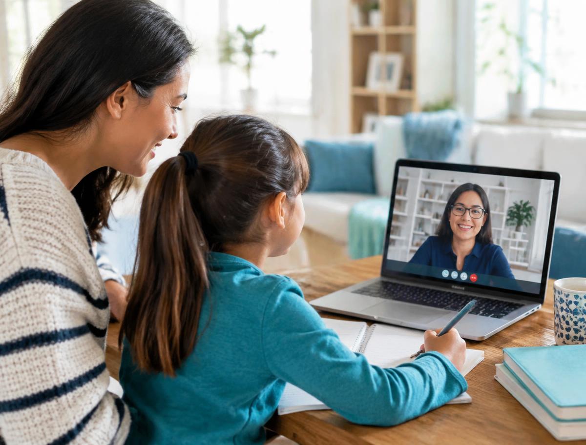 Child learning with a tutor online alongside her parent